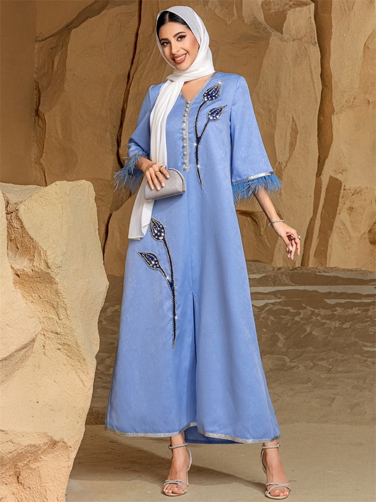 Embroidery Kebaya - Ramadan Eid Blue Abaya Damen Kebaya