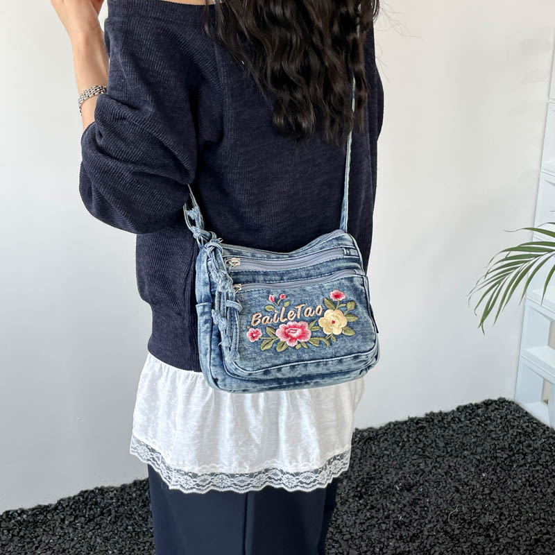 Embroidery Fish - New Lightweight Denim Zipper Crossbody Bag