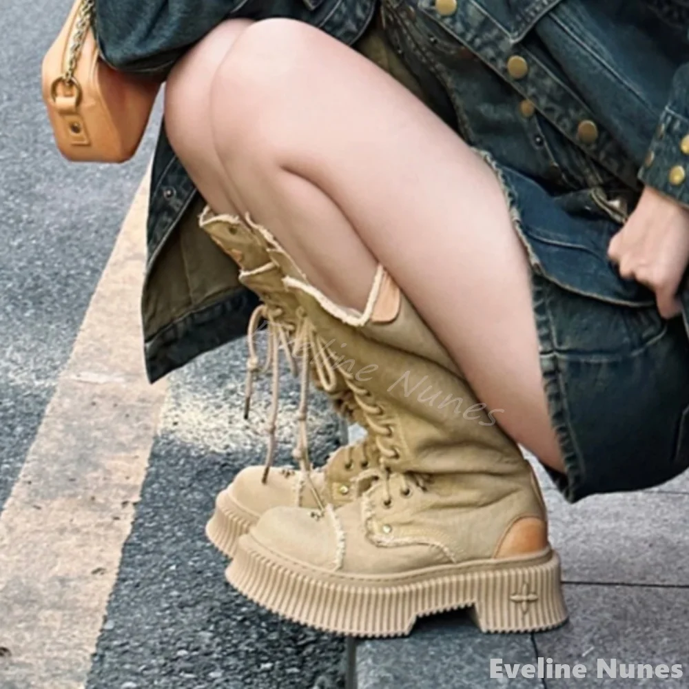 Cross-embroidery Lace-up Knee- - Embroidery Lace ulasan dan harga