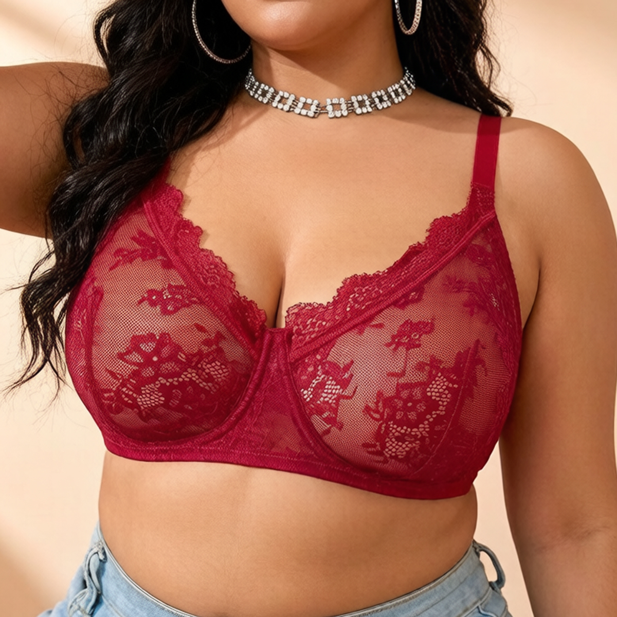 Women Plus Size Red Lace Sheer - Embroidery Lace ulasan dan harga