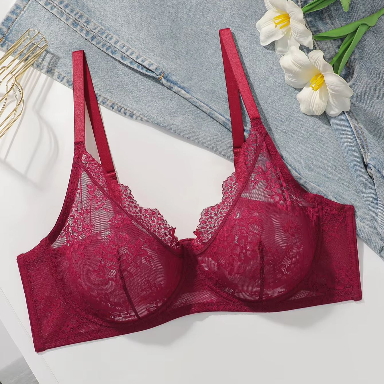 Women Plus Size Red Lace Sheer - Embroidery Lace ulasan dan harga