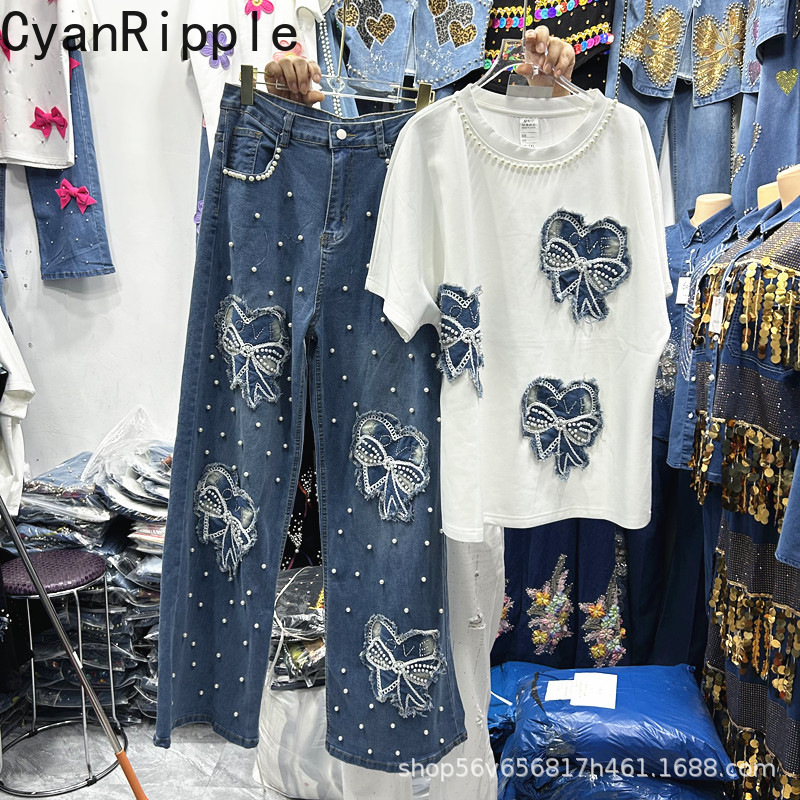 New Spring Summer Women Two-pi - Embroidery Jeans ulasan dan harga